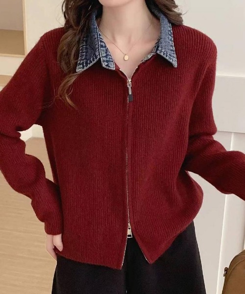 セール】デニム衿ジップニットカーディガン（カーディガン/ボレロ