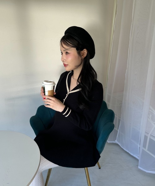 セール】【2025秋冬新作】襟付きVネックフレアリブニットワンピース