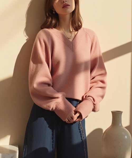 cammie(キャミー)の「Vネックニットトップス(ニット/セーター・レディース・ピンク/ブラック/アイボリー・F)」の13枚目の写真