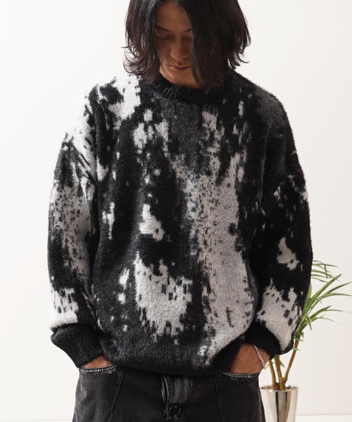 1111clothing（ワンフォークロージング）の「アブストラクト柄 シャギーニット / Abstract Pattern Shaggy Knit（ニット/セーター・メンズ・ブラック系2/ブラウン/グリーン/ブラック系1・M/L）」の3枚目の写真