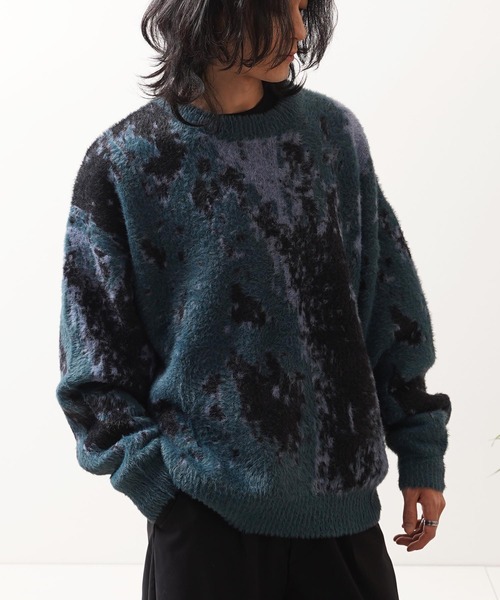 1111clothing（ワンフォークロージング）の「アブストラクト柄 シャギーニット / Abstract Pattern Shaggy Knit（ニット/セーター・メンズ・ブラック系2/ブラウン/グリーン/ブラック系1・M/L）」の4枚目の写真