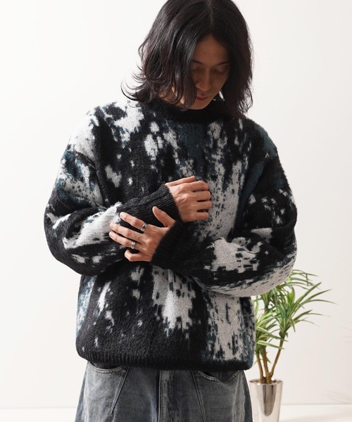 1111clothing（ワンフォークロージング）の「アブストラクト柄 シャギーニット / Abstract Pattern Shaggy Knit（ニット/セーター・メンズ・ブラック系2/ブラウン/グリーン/ブラック系1・M/L）」の8枚目の写真