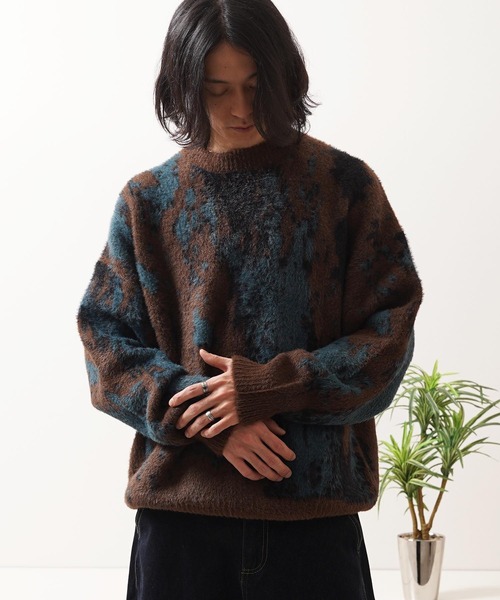 1111clothing（ワンフォークロージング）の「アブストラクト柄 シャギーニット / Abstract Pattern Shaggy Knit（ニット/セーター・メンズ・ブラック系2/ブラウン/グリーン/ブラック系1・M/L）」の19枚目の写真