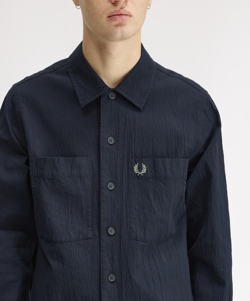 【高級】FRED PERRY×MOON 英国製ウールシャツジャケット M 紺系 Seersucker Overshirt／シアサッカーオーバーシャツ（シャツ/ブラウス