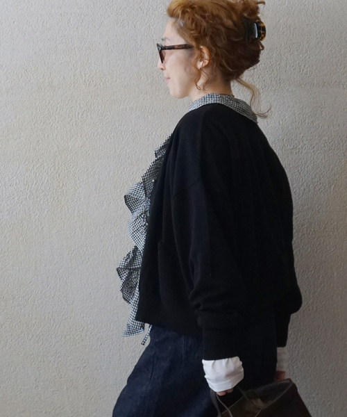 JOURNAL STANDARD LUXE（ジャーナルスタンダード　ラックス）の「リネンワッシャー フリルジレ（シャツ/ブラウス・レディース・ブラック/ホワイト・FREE）」の4枚目の写真