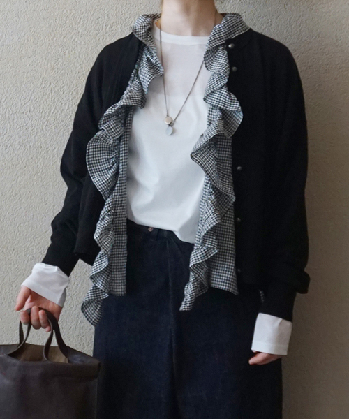 JOURNAL STANDARD LUXE（ジャーナルスタンダード　ラックス）の「リネンワッシャー フリルジレ（シャツ/ブラウス・レディース・ブラック/ホワイト・FREE）」の5枚目の写真