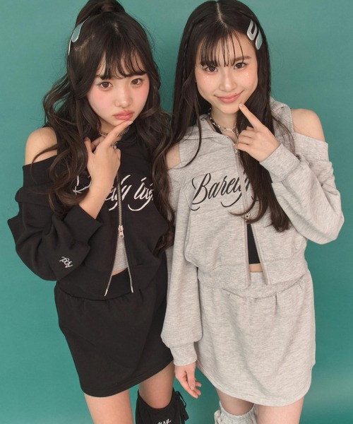 セール】肩あき ダブル ジップ スウェット パーカー × スカート