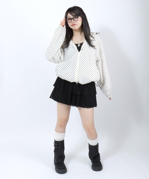 mihns closet(ミンズクローゼット)の「別注 mihns closet 総柄ブルゾンパーカー/ダブルジップ/春ライトアウター/ドット 水玉 チェック(ナイロンジャケット・レディース・グリーン系その他/ブラウン系その他/ホワイト系その他/ブラック系その他・L/M/S)」の11枚目の写真