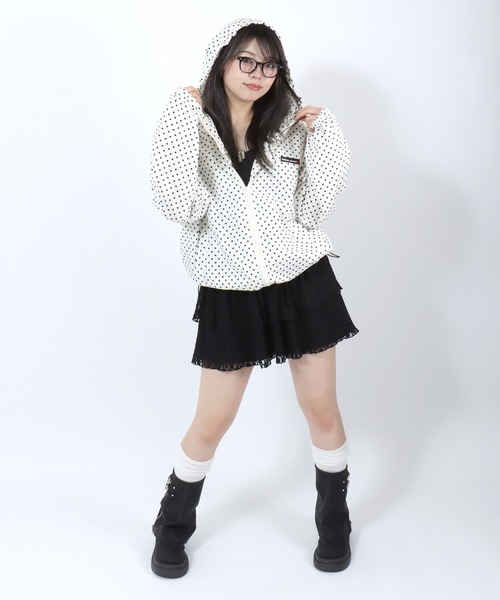 mihns closet(ミンズクローゼット)の「別注 mihns closet 総柄ブルゾンパーカー/ダブルジップ/春ライトアウター/ドット 水玉 チェック(ナイロンジャケット・レディース・グリーン系その他/ブラウン系その他/ホワイト系その他/ブラック系その他・L/M/S)」の13枚目の写真