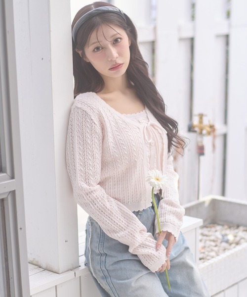 Ambre Neige(アンブルネージュ)の「openwork knitting ensemble knit / スカシガラアミアンサンブルニット(カーディガン/ボレロ・レディース・ライトグリーン/ライトピンク/クリーム・FREE)」の3枚目の写真