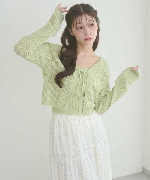 Ambre Neige(アンブルネージュ)の「openwork knitting ensemble knit / スカシガラアミアンサンブルニット(カーディガン/ボレロ・レディース・ライトグリーン/ライトピンク/クリーム・FREE)」の16枚目の写真