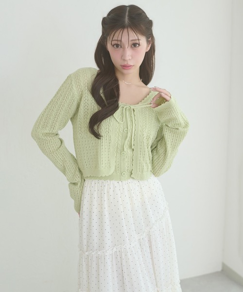 Ambre Neige(アンブルネージュ)の「openwork knitting ensemble knit / スカシガラアミアンサンブルニット(カーディガン/ボレロ・レディース・ライトグリーン/ライトピンク/クリーム・FREE)」の17枚目の写真
