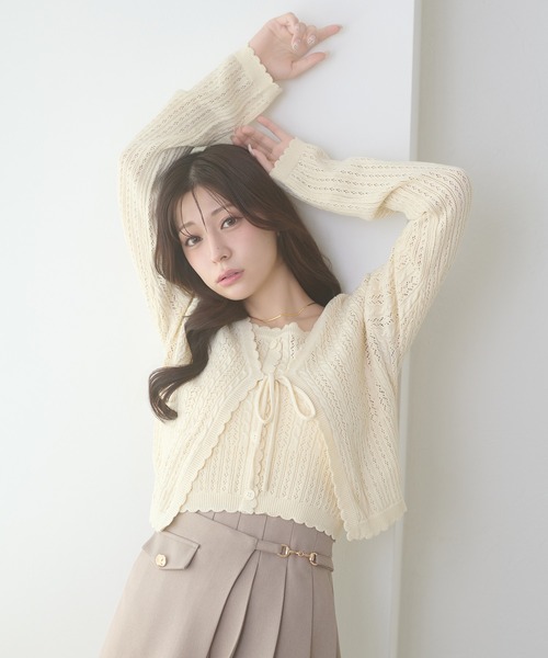 Ambre Neige(アンブルネージュ)の「openwork knitting ensemble knit / スカシガラアミアンサンブルニット(カーディガン/ボレロ・レディース・ライトグリーン/ライトピンク/クリーム・FREE)」の5枚目の写真