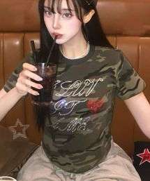 ラインストーン英字&ハートロゴ カモフラ柄tシャツ