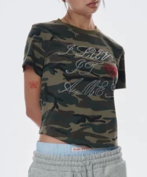 ViViDAY（ビビデー）の「ラインストーン英字＆ハートロゴ　カモフラ柄tシャツ（Tシャツ/カットソー・レディース・カーキ・M）」の15枚目の写真