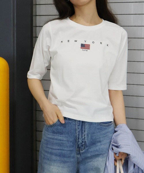 SpRay(スプレイ)の「着回し力抜群の定番カジュアルT/USA刺繍ロゴTシャツ(Tシャツ/カットソー・レディース・スミクロ/オフホワイト/ネイビー・FREE)」の20枚目の写真