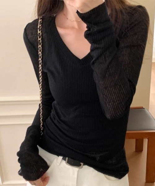 Songe(ソンジュ)の「透かし編み深Vネックニットトップス(Tシャツ/カットソー・レディース・ブラック/ベージュ/ホワイト/グレー・FREE)」の18枚目の写真