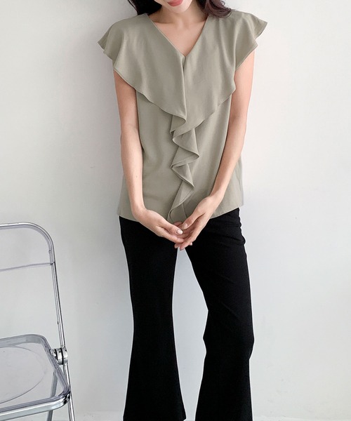 LOWO(ロワ)の「フロントラッフルフレンチスリーブブラウス(シャツ/ブラウス・レディース・ホワイト/ベージュ/カーキ/ピンク/ブラック・FREE)」の16枚目の写真