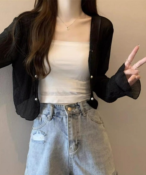 NoBelle(ノベル)の「ショート丈 シアーシャツカーディガン(カーディガン/ボレロ・レディース・ブラック/ホワイト・L)」の3枚目の写真