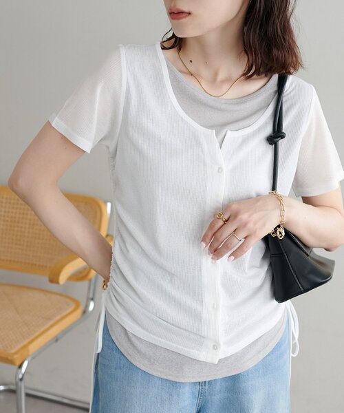DISCOAT（ディスコート）の「【WEB限定】レイヤード風半袖プルオーバー（Tシャツ/カットソー・レディース・イエロー/ミント/オフホワイト/ブラック/アイボリー・FREE）」の6枚目の写真
