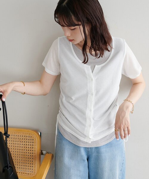 DISCOAT（ディスコート）の「【WEB限定】レイヤード風半袖プルオーバー（Tシャツ/カットソー・レディース・イエロー/ミント/オフホワイト/ブラック/アイボリー・FREE）」の9枚目の写真