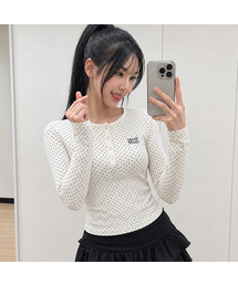 ラウンドドットヘンリーネッククロップ長袖Tシャツ[2色]