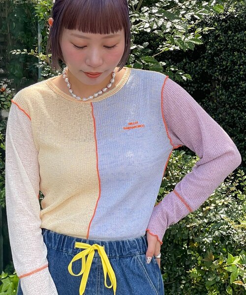 HELLO.SANFRANCISCO(ハローサンフランシスコ)の「【HELLO.SANFRANCISCO/ハローサンフランシスコ】配色切替ポコポコメロウTEE(Tシャツ/カットソー・レディース・イエロー/オレンジ・ONE SIZE)」の1枚目の写真