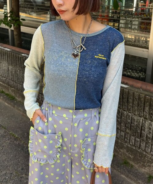 HELLO.SANFRANCISCO(ハローサンフランシスコ)の「【HELLO.SANFRANCISCO/ハローサンフランシスコ】配色切替ポコポコメロウTEE(Tシャツ/カットソー・レディース・イエロー/オレンジ・ONE SIZE)」の20枚目の写真