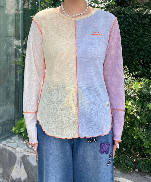 HELLO.SANFRANCISCO(ハローサンフランシスコ)の「【HELLO.SANFRANCISCO/ハローサンフランシスコ】配色切替ポコポコメロウTEE(Tシャツ/カットソー・レディース・イエロー/オレンジ・ONE SIZE)」の12枚目の写真