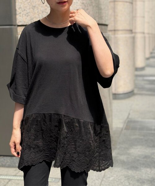 BEARDSLEY(ビアズリー)の「裾シアー刺繍Tee(Tシャツ/カットソー・レディース・ブラック/ベージュ・FREE)」の2枚目の写真