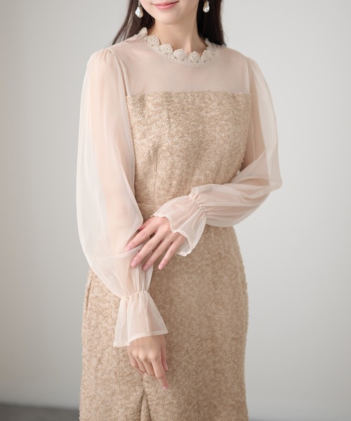 Lace Ladies(レースレディース)の「レースカラー キャンディスリーブ 切替 シアー ロング ワンピース(ドレス・レディース・ブラック/ベージュ/ピンク・FREE/S)」の2枚目の写真