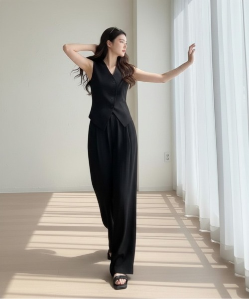 center i(センターアイ)の「【セットアップ】ノーカラーベストワイドパンツ(セットアップ・レディース・ブラック/オフホワイト・FREE)」の9枚目の写真
