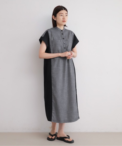 NOMBRE IMPAIR（ノンブルアンペール）の「メランジクロスコンビ　ポケットシャツワンピース（ワンピース・レディース・ネイビー/ブラック・FREE）」の4枚目の写真