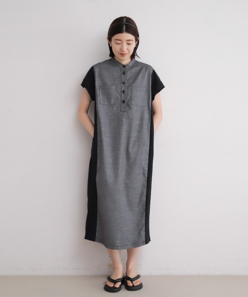 NOMBRE IMPAIR（ノンブルアンペール）の「メランジクロスコンビ　ポケットシャツワンピース（ワンピース・レディース・ネイビー/ブラック・FREE）」の3枚目の写真