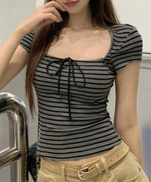 スクエアネック 配色ボーダー リボン付き 半袖Tシャツ