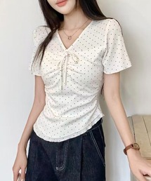 【春夏新作】胸リボンピンドット柄V開きトップス
