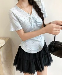 【春夏新作】胸リボンピンドット柄V開きトップス
