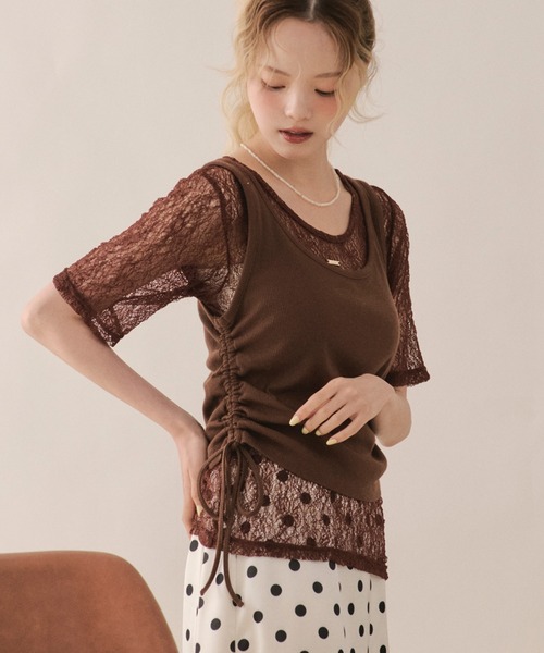 loin nuit(ロワンニュイ)の「lace and shirring tank / レースアンドシャーリングタンク(Tシャツ/カットソー・レディース・グレー/ネイビー/ブラウン・FREE)」の3枚目の写真