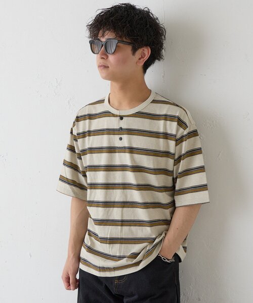 Kastane（カスタネ）の「【ユニセックス/一部店舗限定】BM ボーダーヘンリーTEE（Tシャツ/カットソー・メンズ・ベージュ/ネイビー/ブラック・SMALL/MEDIUM）」の2枚目の写真