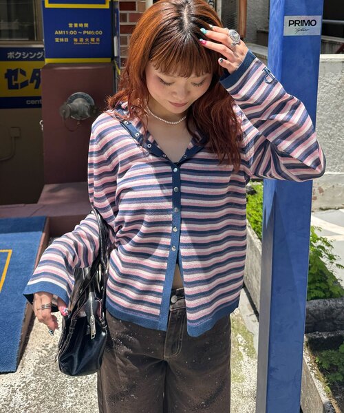 CIAOPANIC(チャオパニック)の「マルチボーダーシアーニットパーカー(パーカー・レディース・グレー/ピンク/イエロー・ONE SIZE)」の1枚目の写真