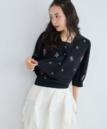 mysty woman | フラワー刺繍ニットカーディガン5分袖 1061808(カーディガン/ボレロ)
