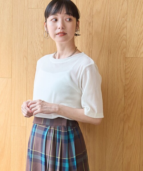 coen(コーエン)の「シアーメッシュ フロッキーストライプ半袖Tシャツ(Tシャツ/カットソー・レディース・ブラック/オフホワイト/ダークブラウン・M/L)」の6枚目の写真