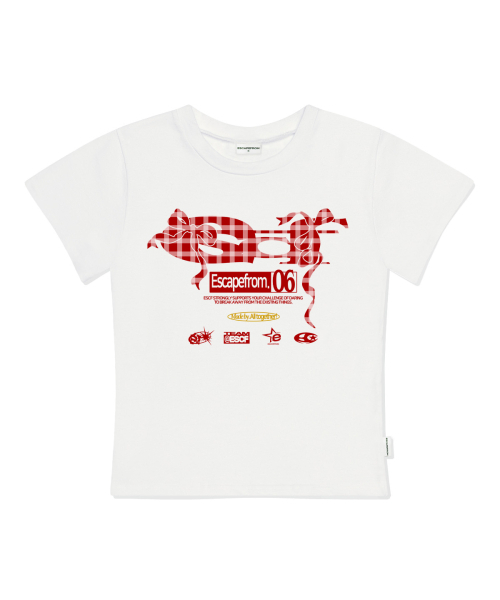 ESCAPEFROM(エスケープフロム)の「チェックリボン ESCFロゴコラージュプリントスリムフィット半袖Tシャツアイボリー(Tシャツ/カットソー・レディース・その他・LARGE/MEDIUM)」の3枚目の写真