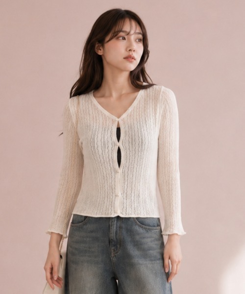 center i(センターアイ)の「透かし編み長袖ショートカーディガン(カーディガン/ボレロ・レディース・オフホワイト/ブラック・FREE)」の7枚目の写真