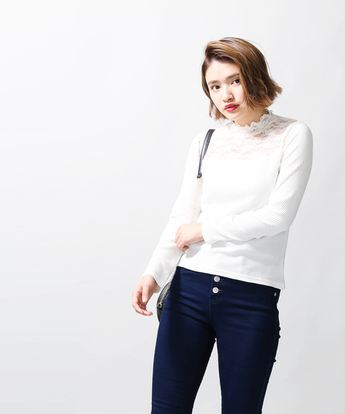 WEGO(ウィゴー)の「WEGO/レースハイネックリブTシャツ(Tシャツ/カットソー・レディース・ホワイト/ブラック・FREE)」の10枚目の写真