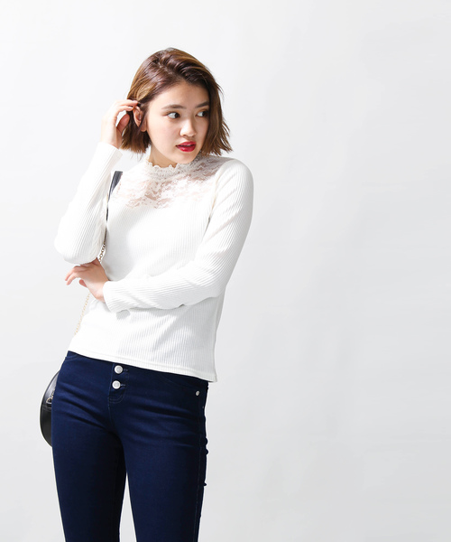 WEGO(ウィゴー)の「WEGO/レースハイネックリブTシャツ(Tシャツ/カットソー・レディース・ホワイト/ブラック・FREE)」の9枚目の写真