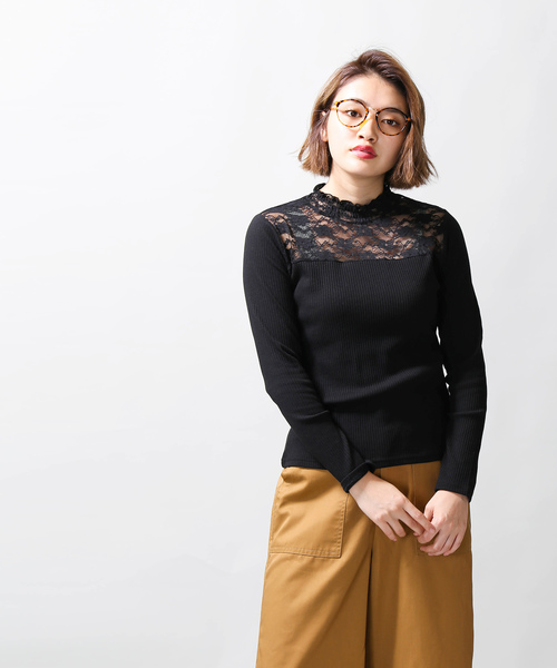 WEGO(ウィゴー)の「WEGO/レースハイネックリブTシャツ(Tシャツ/カットソー・レディース・ホワイト/ブラック・FREE)」の8枚目の写真