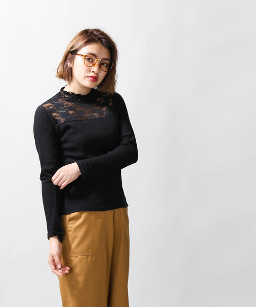 WEGO(ウィゴー)の「WEGO/レースハイネックリブTシャツ(Tシャツ/カットソー・レディース・ホワイト/ブラック・FREE)」の7枚目の写真