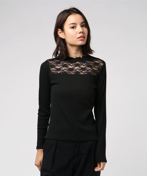 WEGO(ウィゴー)の「WEGO/レースハイネックリブTシャツ(Tシャツ/カットソー・レディース・ホワイト/ブラック・FREE)」の5枚目の写真