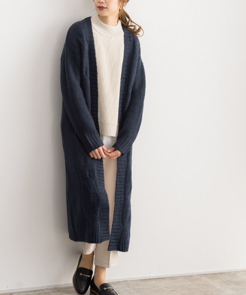 Pierrot(ピエロ)の「ウール混ケーブル編みロングニットカーデ(カーディガン/ボレロ・レディース・ブルー系その他/杢グレー/ブラック・M/L)」の10枚目の写真